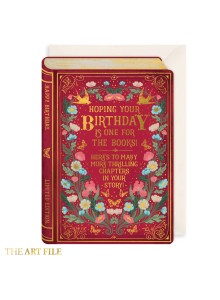 Поздравителна картичка  "Книга с приказки - Надяваме се, че рожденият ви ден е достоен за книга! Ето още много вълнуващи глави от вашата история!"